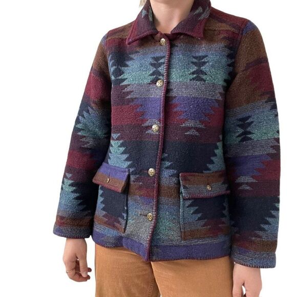 Vintage 90s Womens Wool Blend Aztec Southwestern Bohemian Fleece Jacket Sz L - Picture 3 of 9